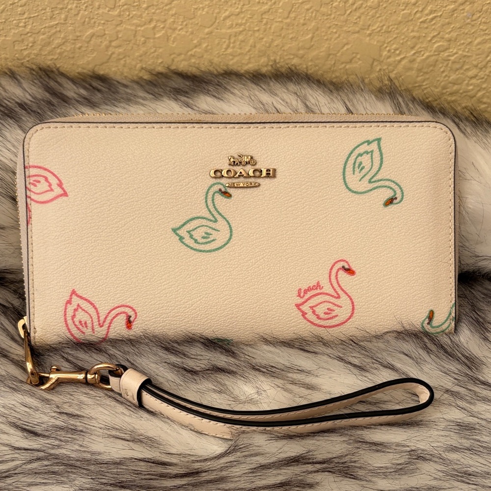 Coach Swan Print Ivory Leather Wristlet Wallet